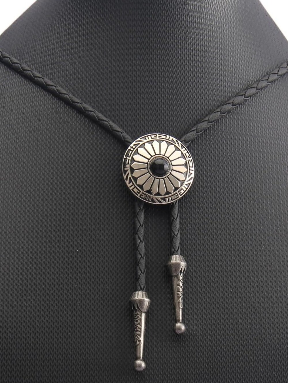 New western black and silver leather bolo tie 40"